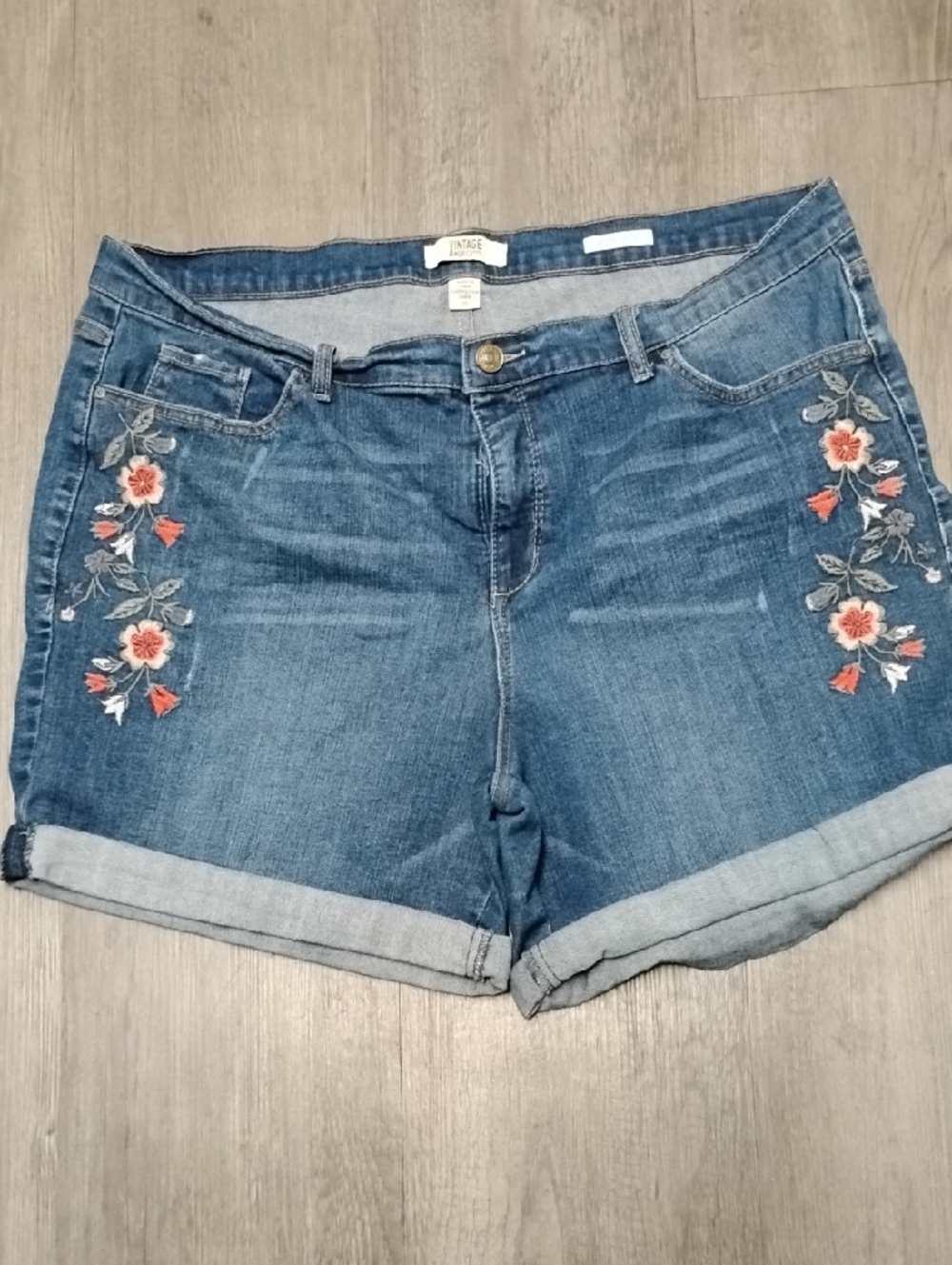 Vintage America Medium Blue Denim Shorts with Coral Floral Embroidery